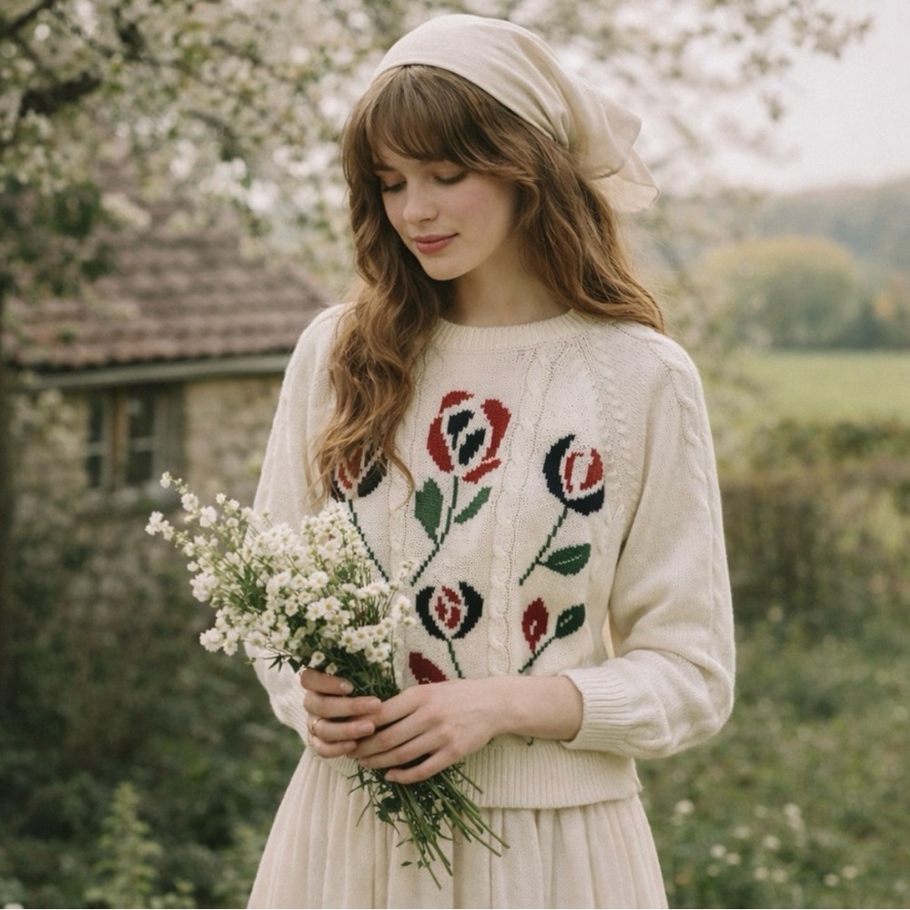 Vintage Alfred Dunner Floral Knit‎ Chunky Cottage White Crewneck Sweater Medium